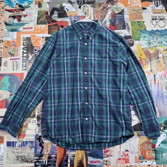 Chaps Mens Custom Fit Plaid Button Up Shirt Long Sleeve Green Blue Large L - Picture 1 of 9